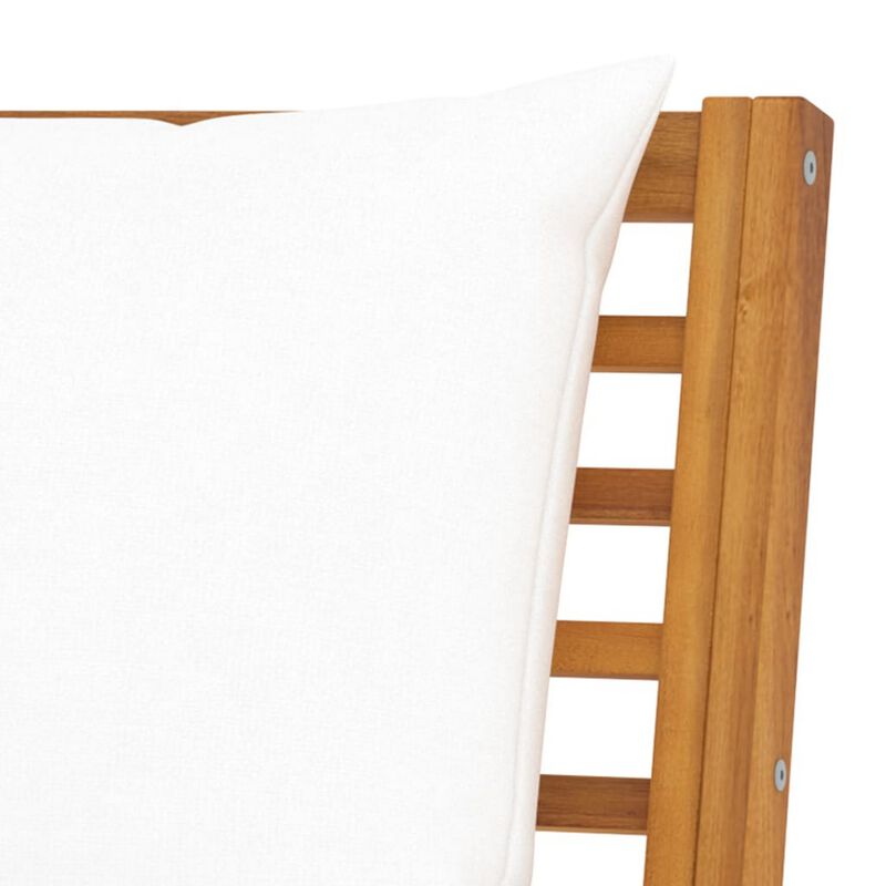 Patio Bench w White Cushions, Slatted Brown Solid Acacia Wood, 45 Inch - Benzara
