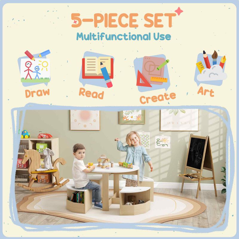 Qaba Kids Table and Chairs Set, 5 Piece Toddler Table and Chairs Set with Storage for Art, Craft, Drawing, Playroom, Classroom, Nursery, White