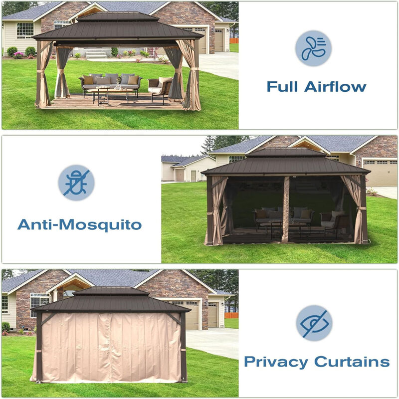 12' X 16' Hardtop Gazebo, Aluminum Metal Gazebo Withnized Steel Double Roof Canopy