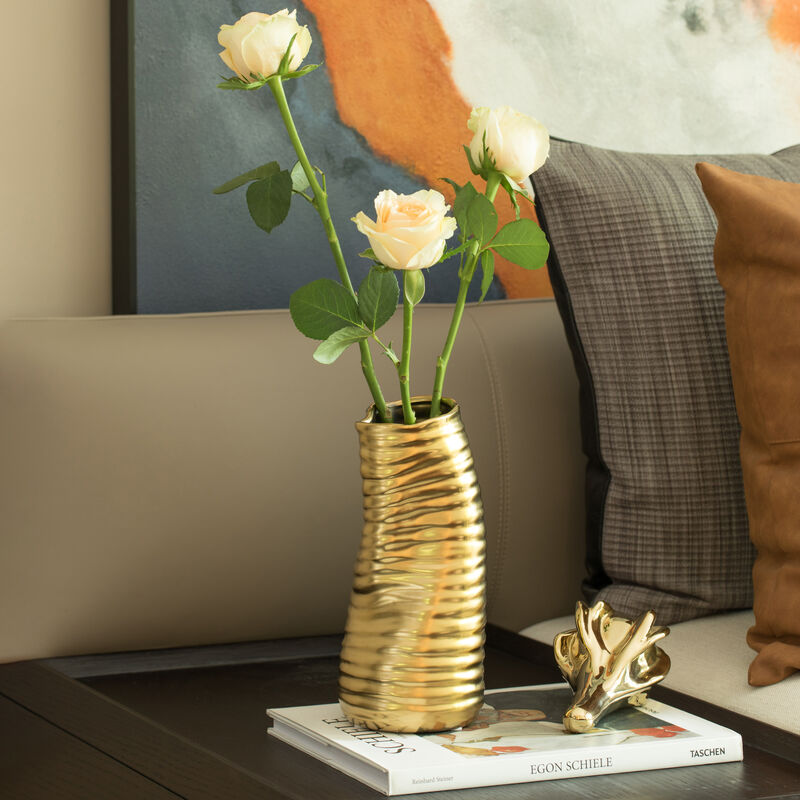 "9"" H Ceramic Bent Melted Modern Style Sculpture Table Centerpiece Flower Vase, Gold"