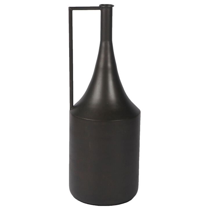 Toly 20 Inch Flower Vase, Industrial Angular Handle, Distressed Brown - Benzara