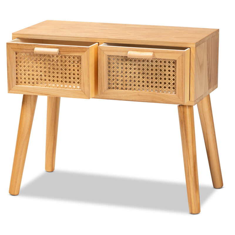 Baxton Studio Falan  Oak Brown Finished Wood 2 Drawer Console Table with Rattan