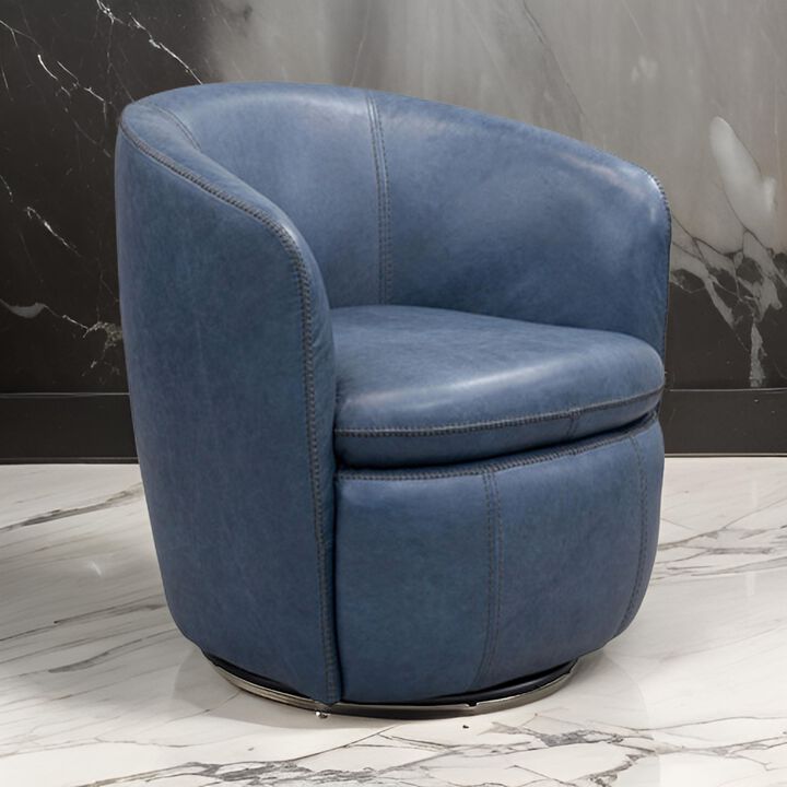 Niko Swivel Accent Chair, Round Barrel Design, Blue Top Grain Leather -