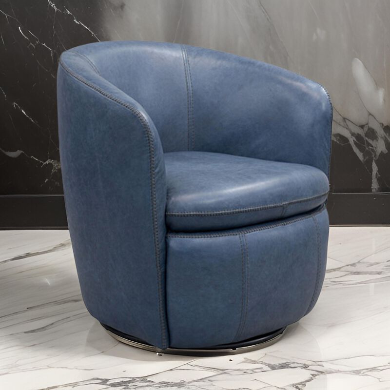 Niko Swivel Accent Chair, Round Barrel Design, Blue Top Grain Leather -