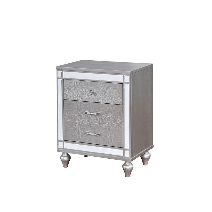 Three Drawer Solid Wood Nightstand with Mirror Accent Trim Front, Silver-Benzara