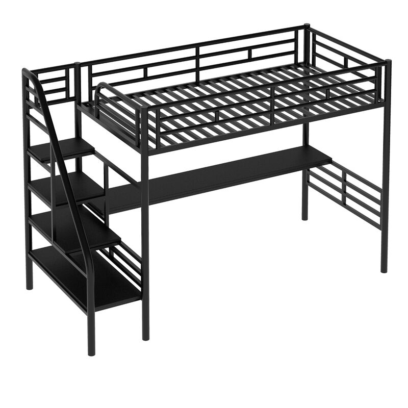 Metal Loft Bed Frame With Desk, No Box Spring Needed, Twin