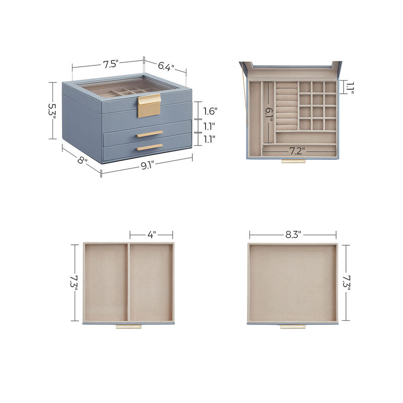 3-Layer Jewelry Box with Glass Lid and 2 Drawers - Perfect Gift for Loved Ones