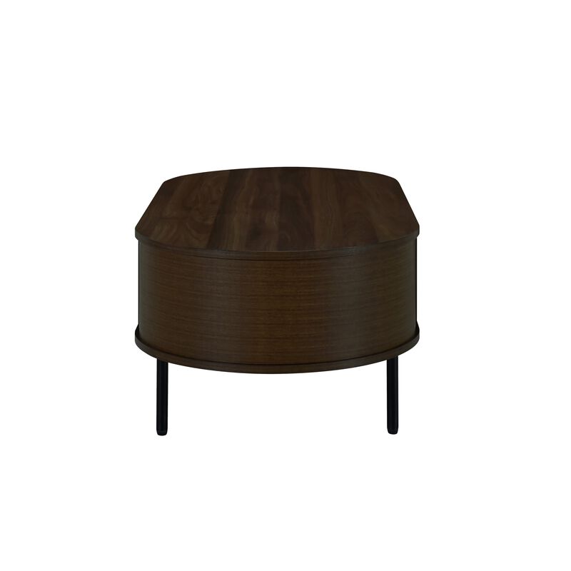 Brandon Cocktail Coffee Table with Inner Shelf, Oval Walnut Brown Wood - Benzara