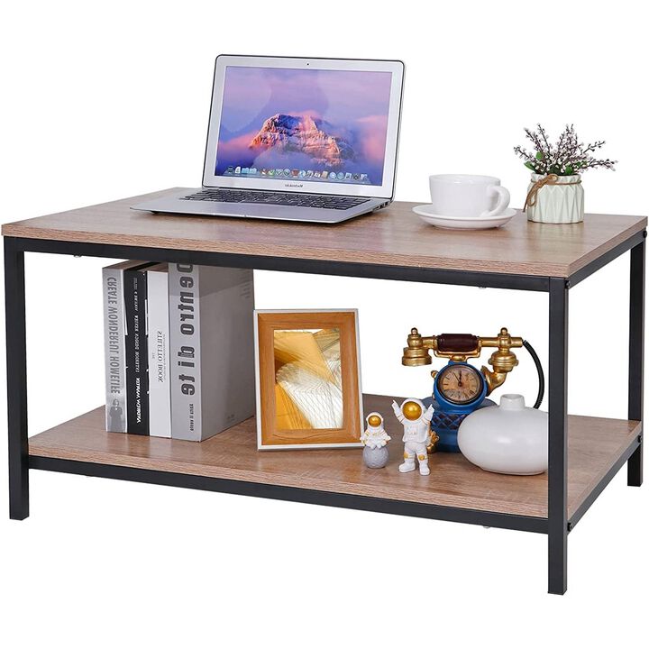 Hivvago Modern 2-Tier Metal Wooden Coffee Table in Natural Wood Finish