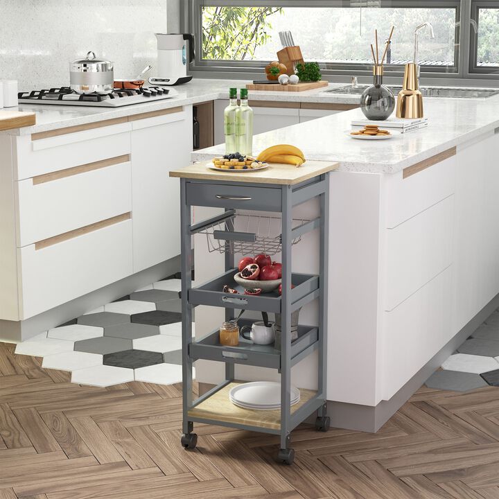 Gray Kitchen Helper: Rolling Cart with Tray and Basket