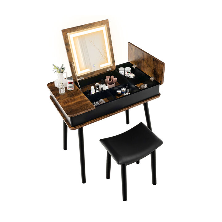 Vanity Table Set with Flip Top Mirror Lights USB Writing Desk and Stool