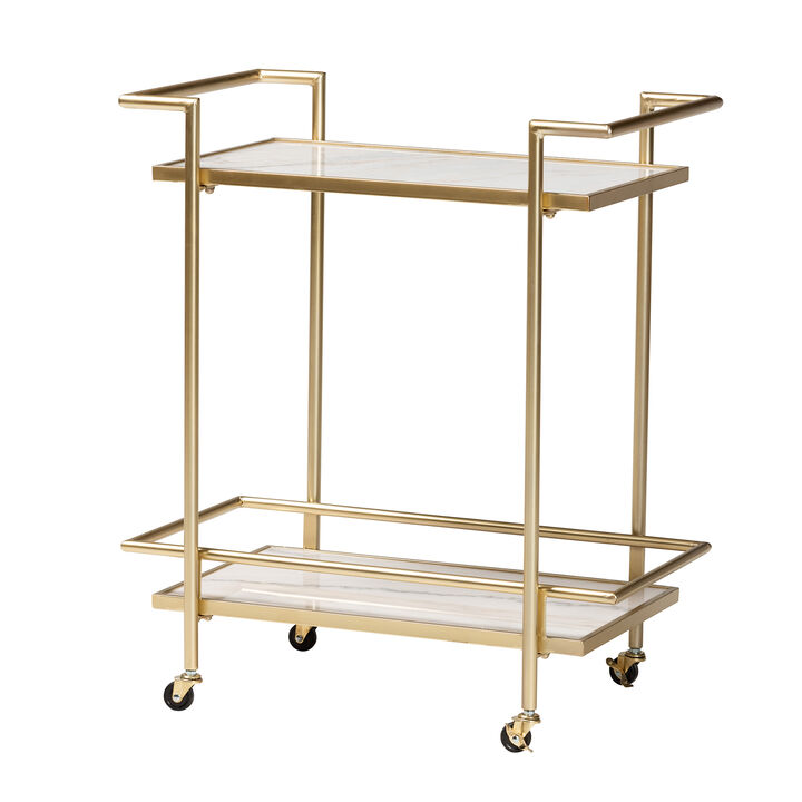 Baxton Studio Louise Contemporary Glam and Luxe Gold Metal and White Marble 2 Tier Wine Cart