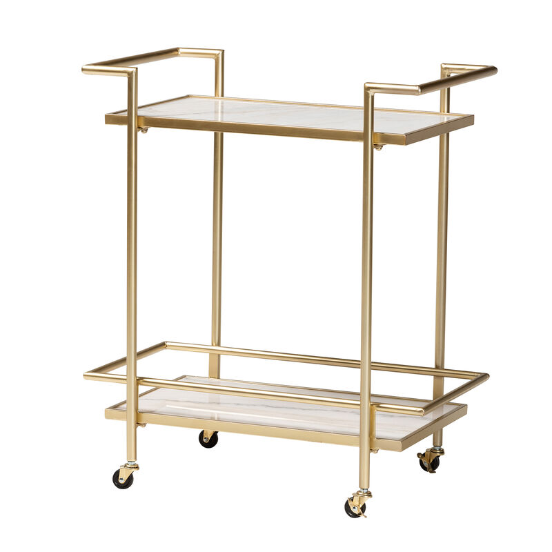 Baxton Studio Louise Contemporary Glam and Luxe Gold Metal and White Marble 2 Tier Wine Cart