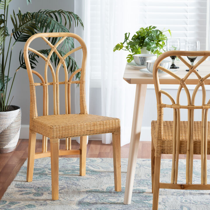 Bali & Pari Monaco Modern Oak Brown Finished Mahogany Wood and Natural Rattan Dining Chair