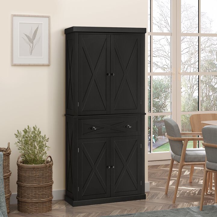Black Kitchen Storage: 72" Pantry Cabinet with 6 Tiers & Drawer