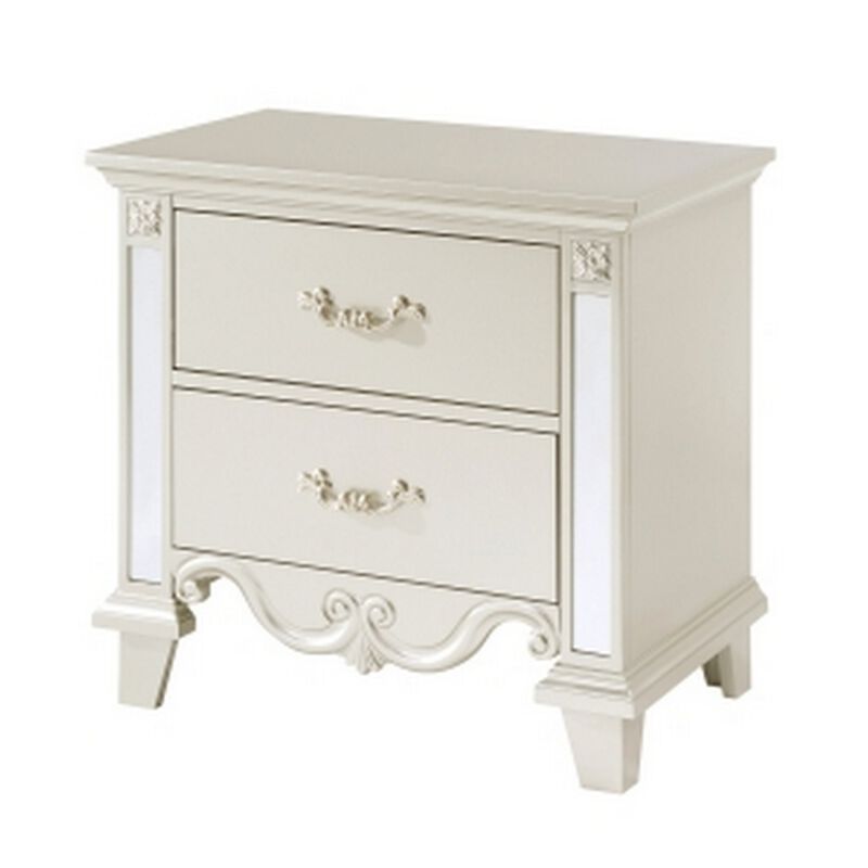 Xeni 28 Inch Nighstand, 2 Drawers, Scrolled and Mirror Accent, Champagne - Benzara