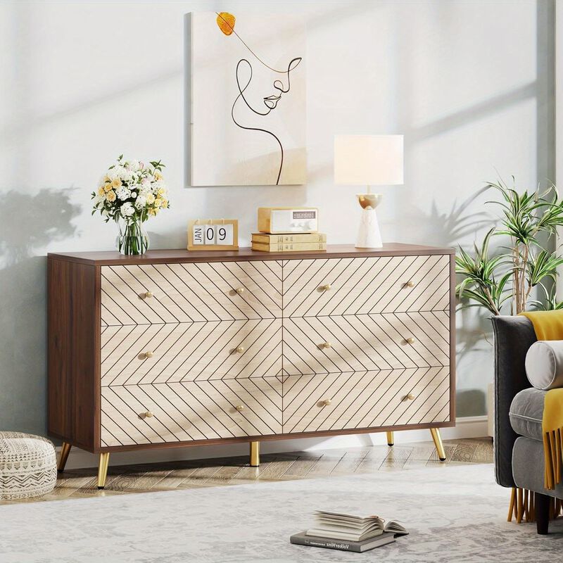 47-Inch Bedroom Dresser with 6 Drawers, Double Wide Chest of Drawers with Gold Legs, Wood and Metal Storage Dresser, 6-Drawer Dresser Cabinet (Dark Brown + Natural)