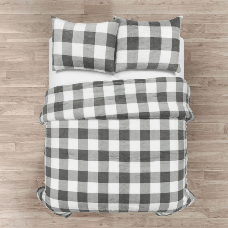 Hivvago King Size Plaid Soft Faux Fur Comforter Set in Black White Grey