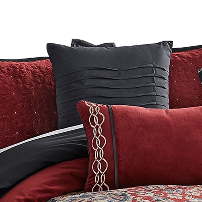 10 Piece King Size Comforter Set with Medallion Print, Red and Blue-Benzara