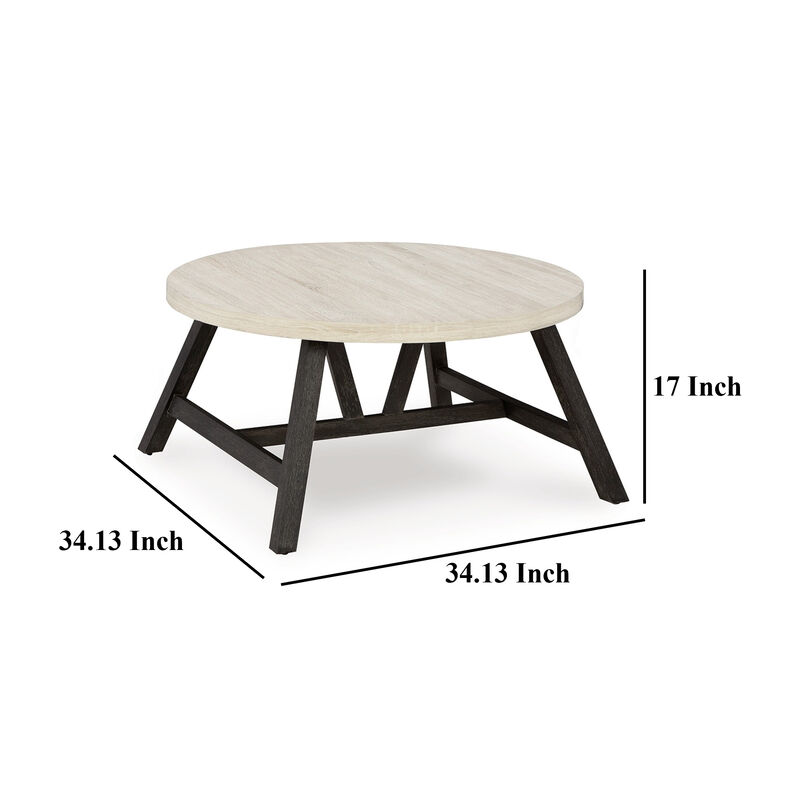 Demy 3pc Coffee and End Table Set, White Round Oak Wood Top, Gray Base - Benzara