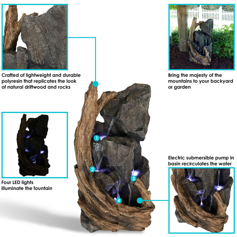 Sunnydaze Cascading Mountainside Water Fountain with LED Lights - 35 in