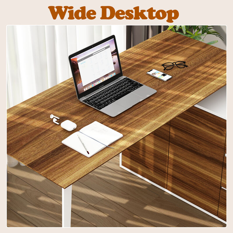 54.3 in. Reversible L-Shaped White Wood Writing Desk Office Workstation With Adjustable Shelves, Drawers, Doors Cabinet