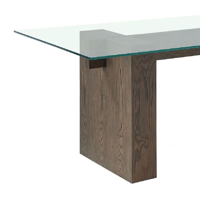 Lan 80 Inch Dining Table, Glass Top, Wood Double Pedestal, 6 Seater, Brown - Benzara