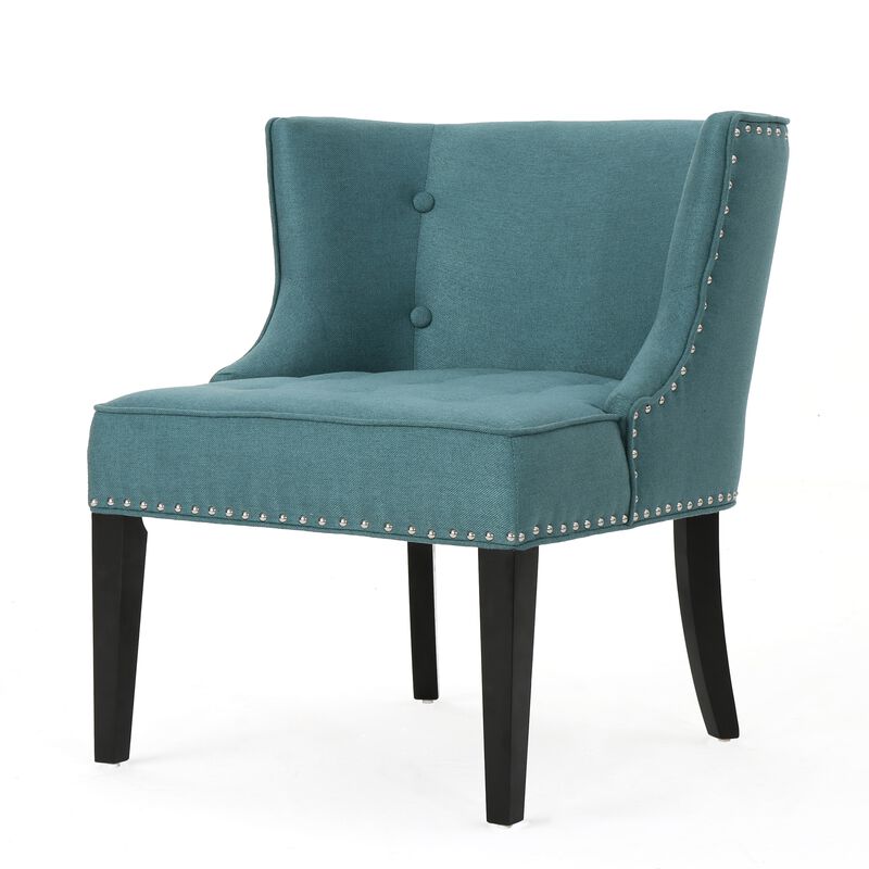 Samuel Accent Chair, Button Tufted Waffle Stitch Teal Fabric, Brown Wood - Benzara