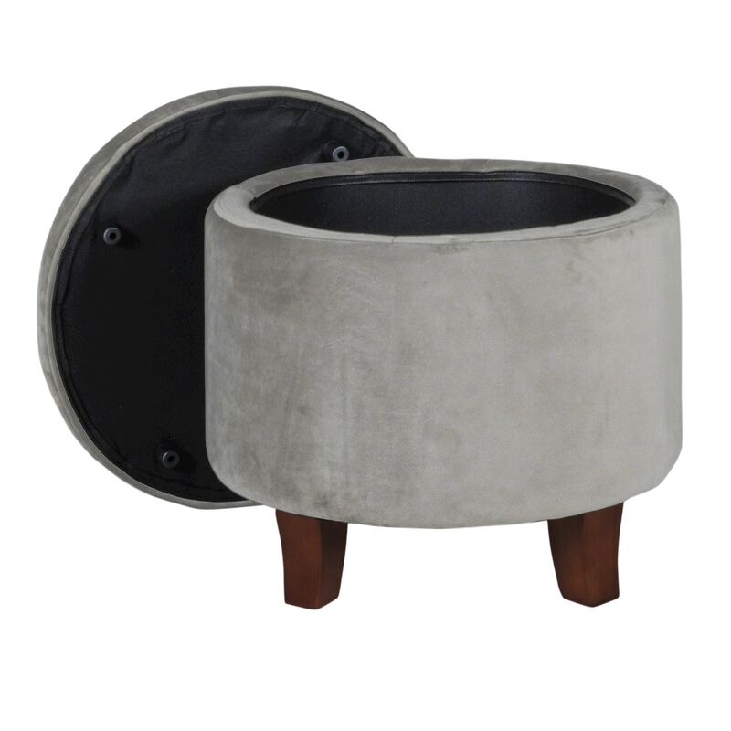 Button Tufted Velvet Upholstered Wooden Ottoman with Hidden Storage, Light Gray and Brown - Benzara
