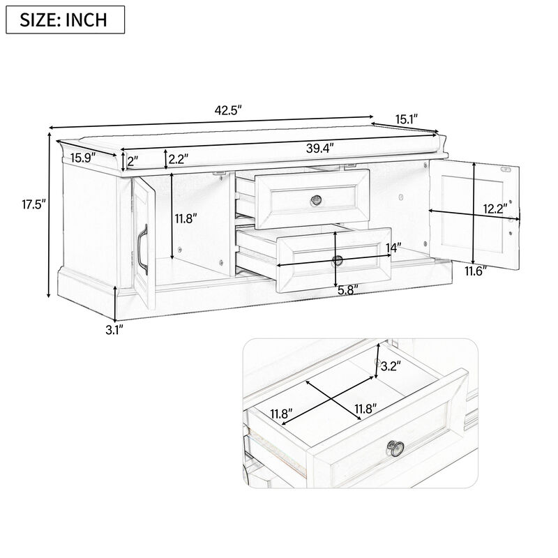 Storage Bench With 2 Drawers And 2 Cabinets, Shoe Bench With Removable Cushion For Living Room
