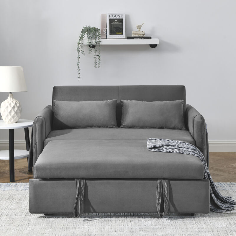 55" Modern Convertible Sofa Bed With 2 Detachable Arm Pockets, Velvet Loveseat Sofa With Pull Out