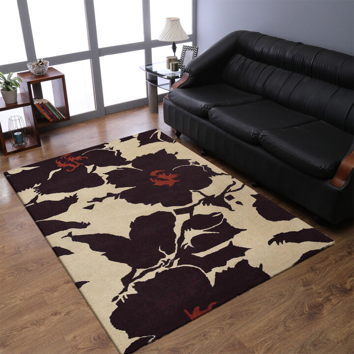 RUGSOTIC CARPETS HAND TUFTED WOOL ECO-FRIENDLY AREA RUGS  - 4'x6', Rectangle Shape, Cream & Brown, Floral Modern Design, High Pile Thick Handmade Area Rugs for Living Room, Bed Room (K00506)