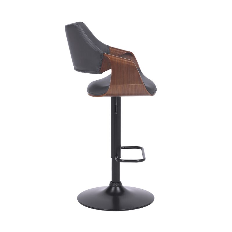 Adjustable Barstool with Faux Leather and Wooden Support, Black and Gray - Benzara
