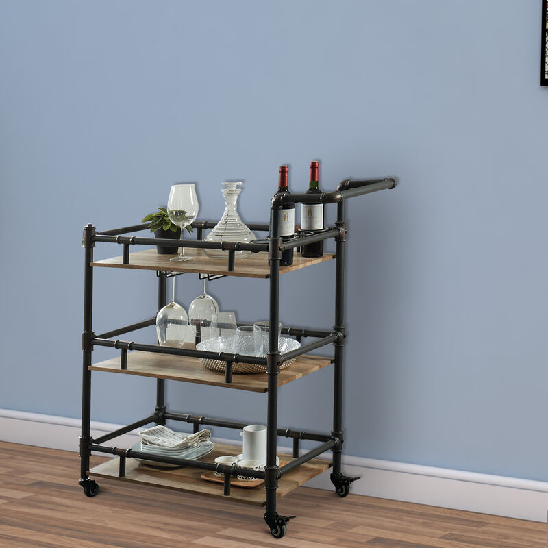 Rustic Three Tier Wood and Metal Serving Cart, Black and Brown - Benzara
