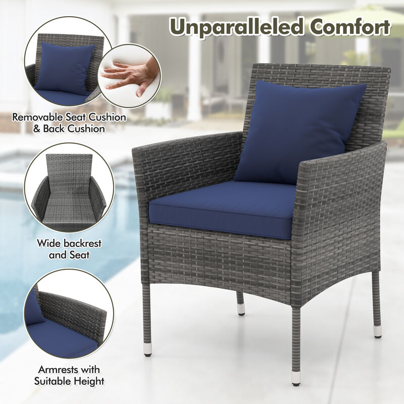 3 Pieces Patio Furniture Set with Cushioned Patio Chairs and Tempered Glass Coffee Table-Navy