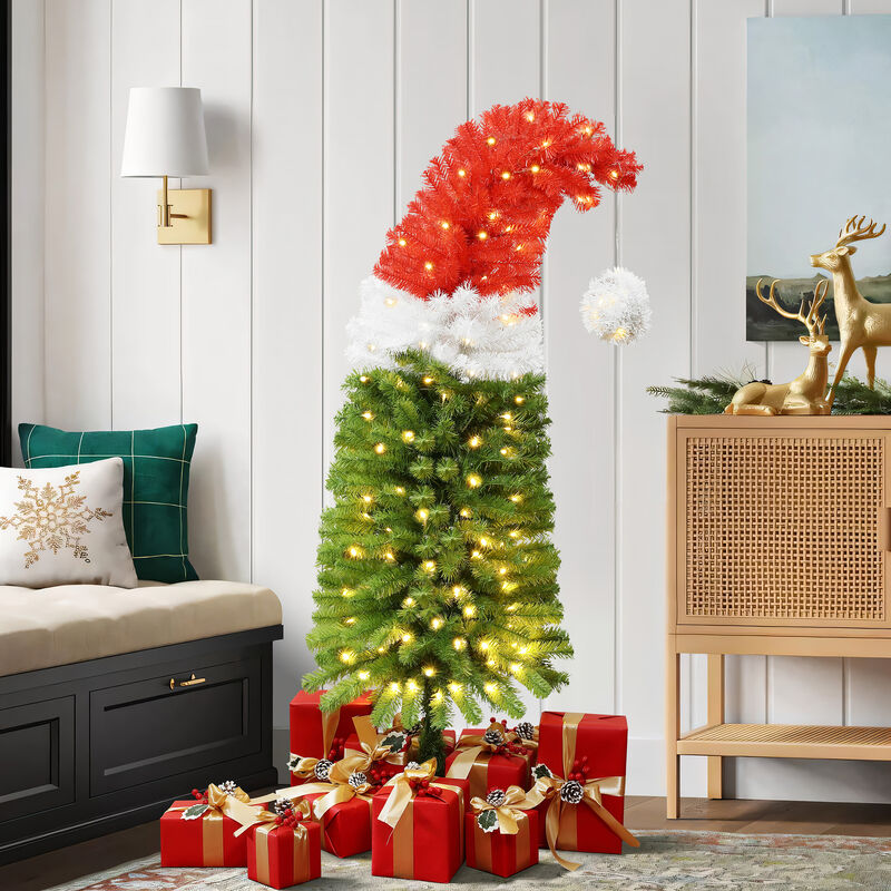LuxenHome 5Ft Pre-Lit Artificial Tree with Santa Hat Treetop