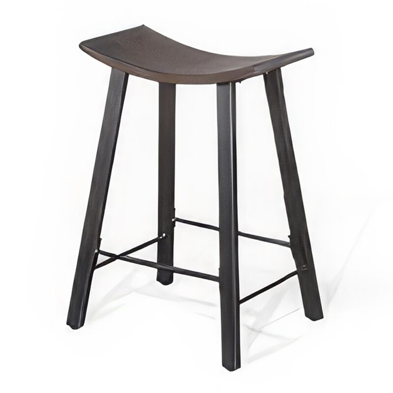 Flint Counter Stool Set of 2, Curved Dark Brown Mahogany, 24 Inch  - Benzara
