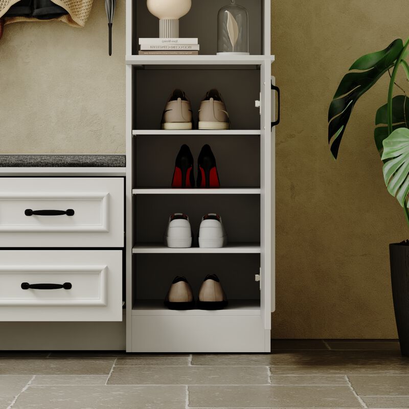 Hall Tree with Bench, 6 Cabinets and 4 Drawers, Entryway Bench with 4 Coat Racks, Entryway Cabinet with 6 Doors and Adjustable Shelves, for Entryway Hallway, 15.7”D x 63”W x 78.7”H, White