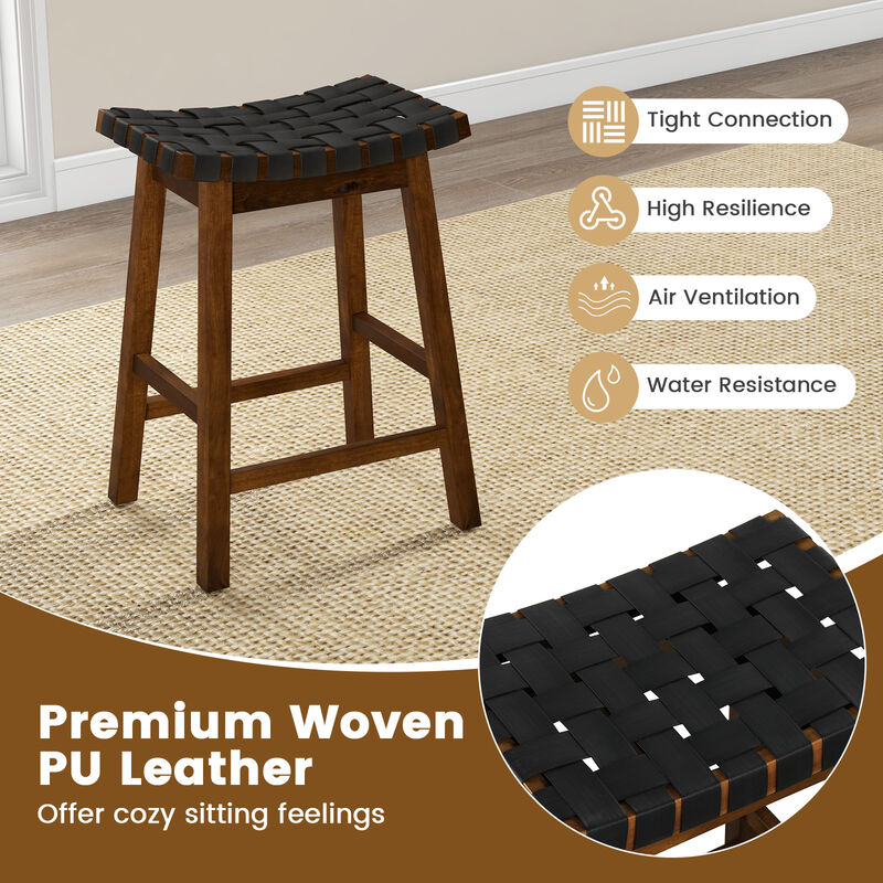 Faux PU Leather Bar Height Stools Set of 2 with Woven Curved Seat-25 Inches