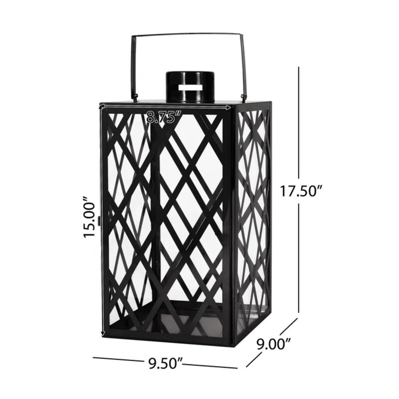 Dove 18 Inch Lantern, Lattice Black Stainless Steel, Tempered Glass - Benzara