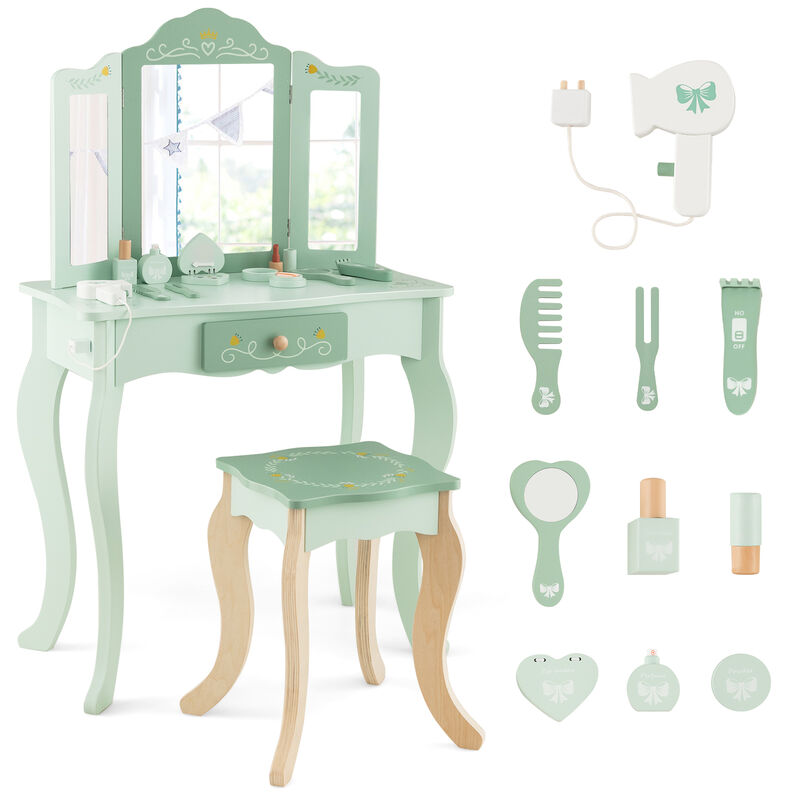 Kids Vanity Set with Tri-Folding Mirror – Girls' Makeup Table with Storage and Chair