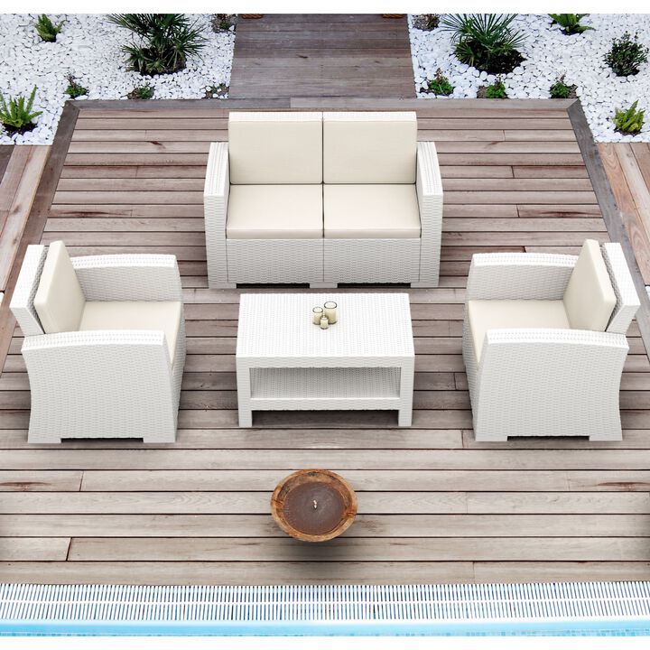 4 Piece Brown Outdoor Patio Conversation Set with Natural Sunbrella Cushion 55"