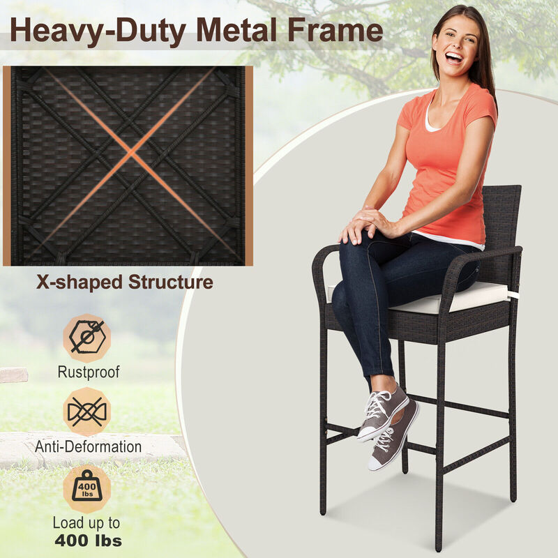 Outdoor PE Rattan Cushioned Barstool Set with Armrests