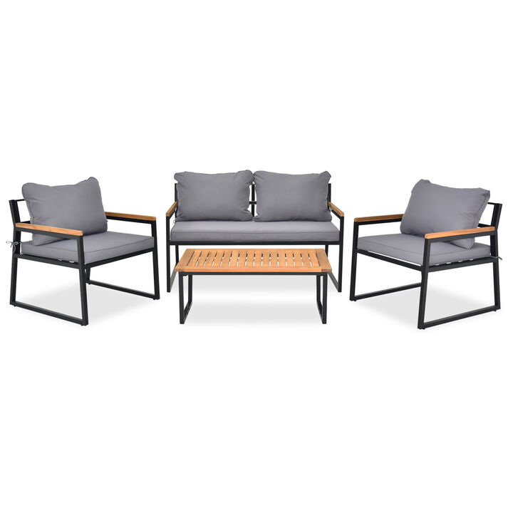 Patio Conversation Set 4-Piece Metal Frame with Acacia Wood Table and Cushions