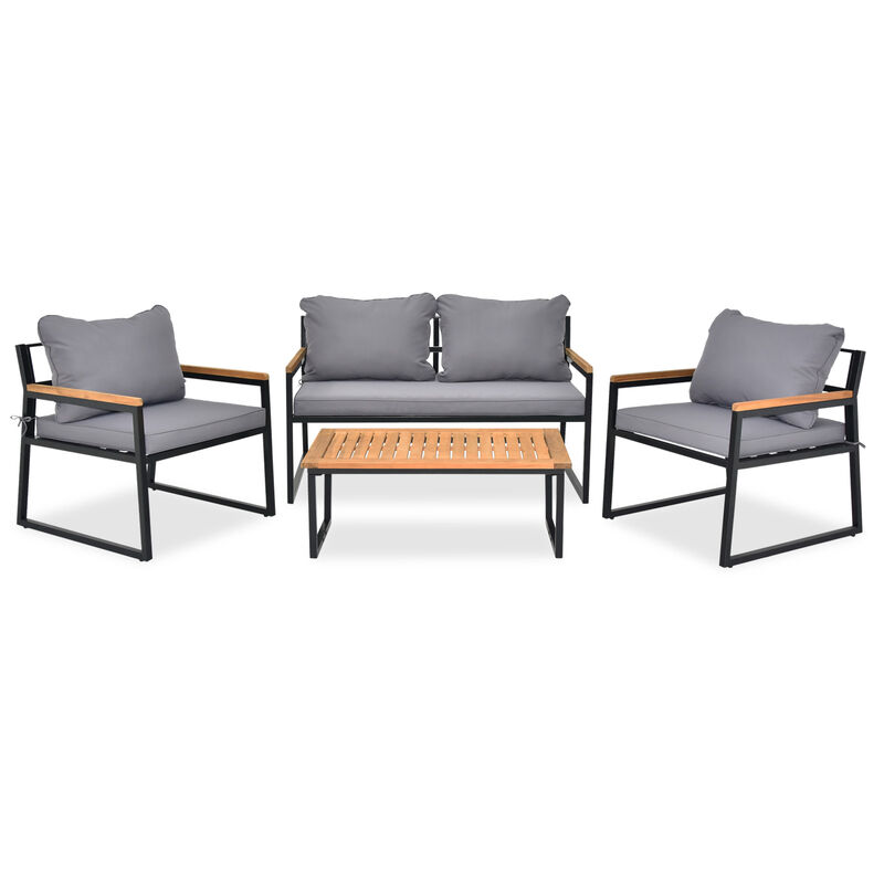 Patio Conversation Set 4-Piece Metal Frame with Acacia Wood Table and Cushions