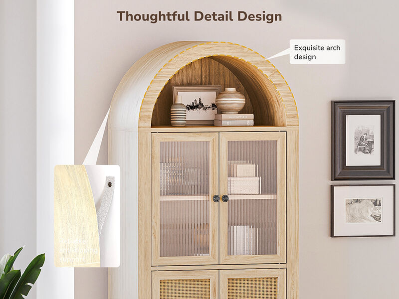 BELLEZE 65 Inch Storage Cabinet, Freestanding Arched Bookshelf for Living Room, Curio Cabinet with Reeded Glass Door, Storage and Organizer Cabinet with Adjustable Shelves for Kitchen - White Lotus
