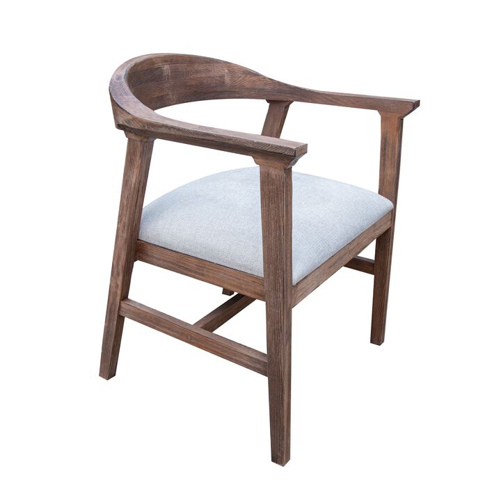 Kohl Armchair, Handcrafted Brown Wood Frame, Curved, White Upholstered Seat - Benzara