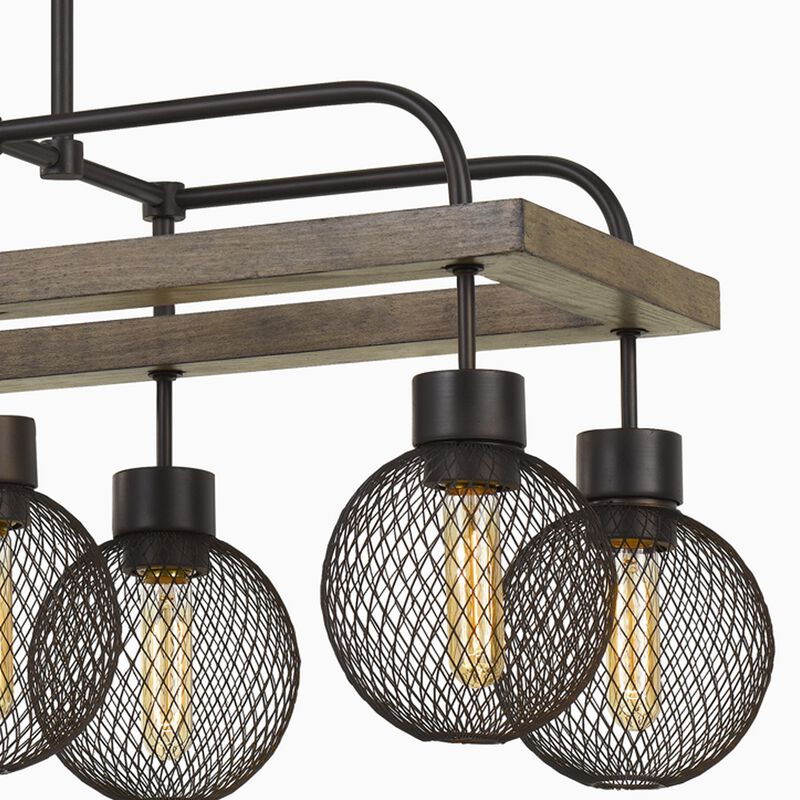 8 Bulb Chandelier with Wooden Frame and Metal Orb Shades, Brown and Black-Benzara