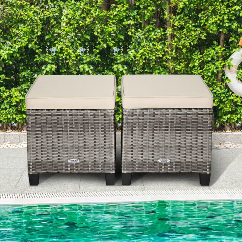 Hivvago 2PCS Patio Rattan Wicker Ottoman Seat with Removable Cushions-Turquoise