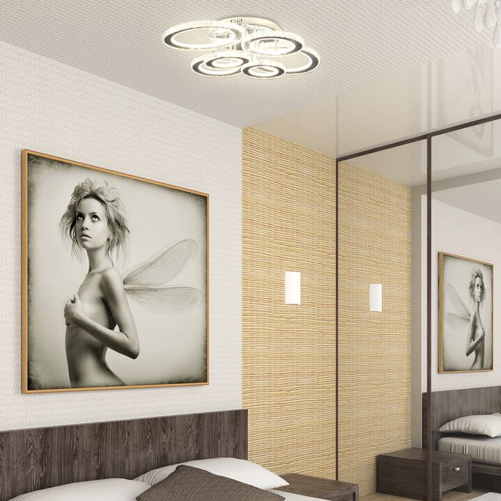 Silver Modern Lighting: 6-Ring LED Chandelier for Living/Dining Room